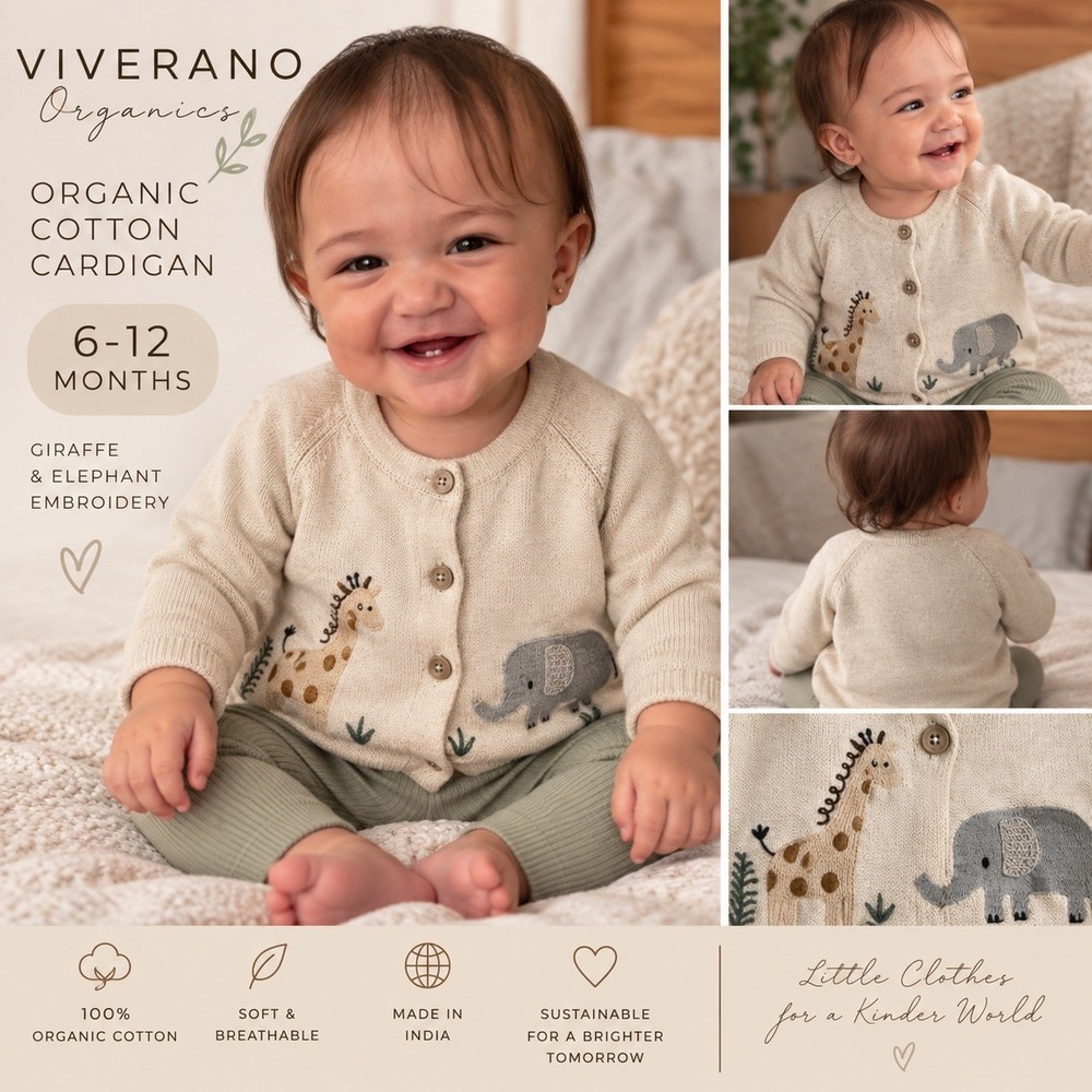 Viverano Organics Baby Cardigan 6-12M Giraffe Elephant 100% Organic Cotton